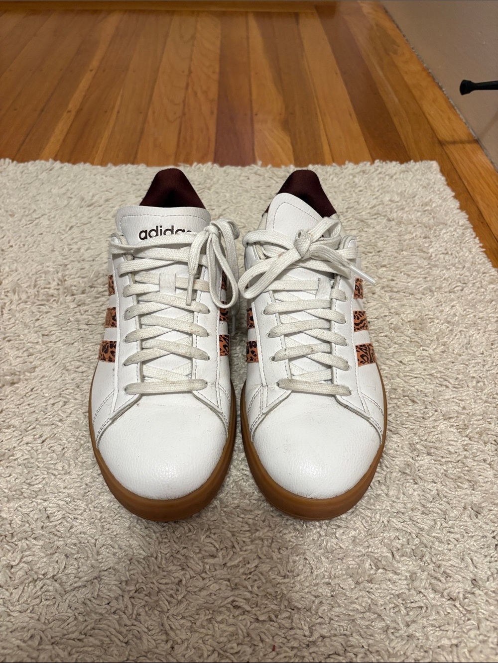 adidas white sneakers with leopard print side stripes